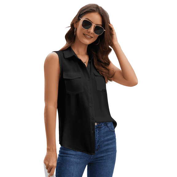 SPRING SEAON Women's Sleeveless Button Down Shirts Blouses Solid Casual Tank Top Loose V Neck Summer Top for Work