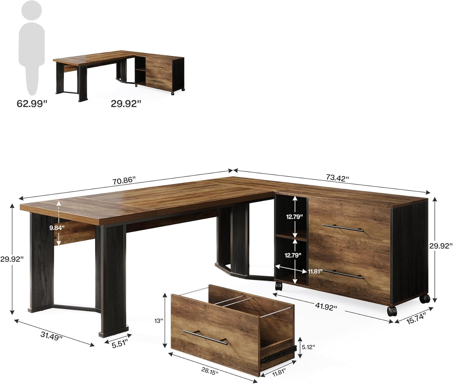 Tribesigns 70.86" Executive Desk with Mobile File Cabinet, Large L Shaped Computer Office Desk with 2 Drawers and Storage Shelves, Business Furniture Desk Workstation for Home Office, Brown