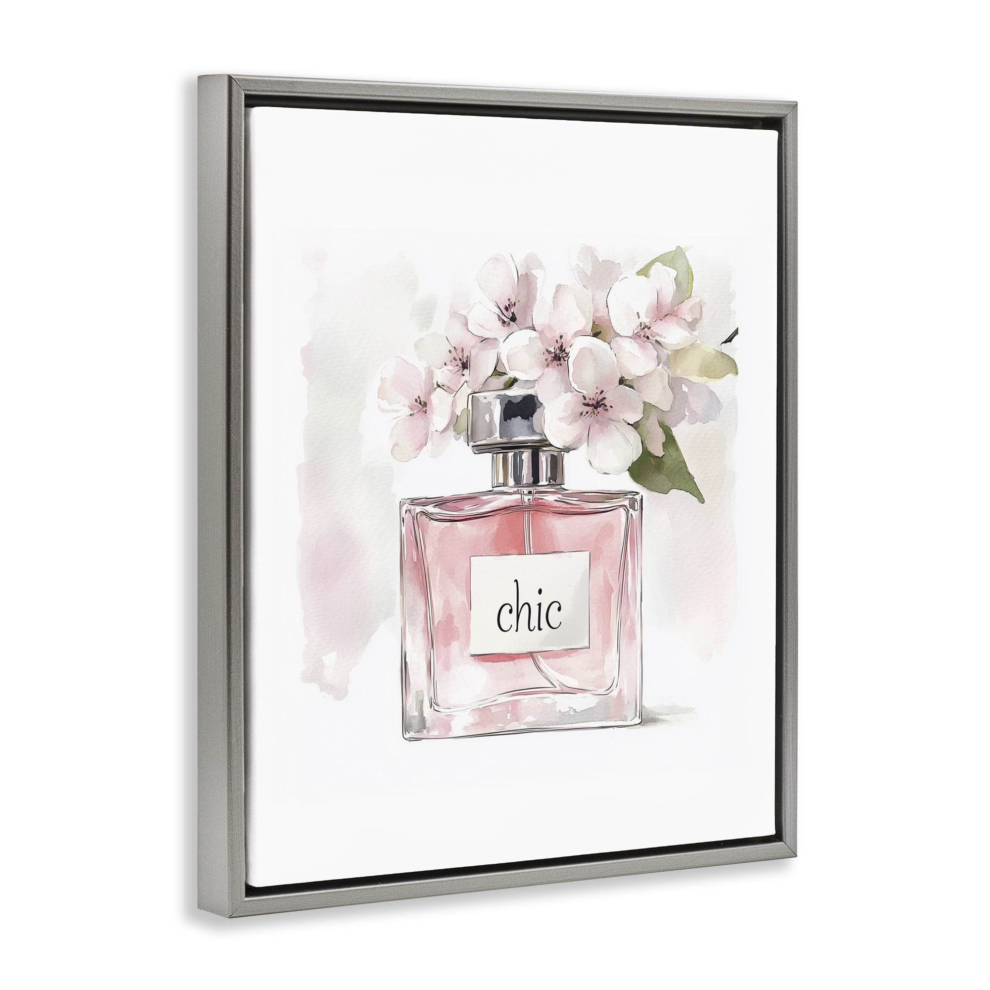 Cherry Blossom Chic Perfume Gray Framed Floater Canvas Wall Art, design by Christine Simpson Art