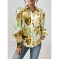 thumbnail image 4 of Women'S Floral Dressy Casual V Neck Button Down Shirts Lantern Long Sleeve Boho Chiffon Fall Tops Green Yellow S, 4 of 8