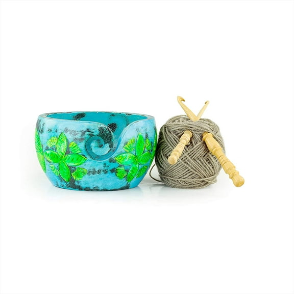 Antique Colored Handmade Premium Wooden Yarn Ball Storage Bowl with Yarn Dispensing Curl | Knitting Storage Accessories & Supplies | Nagina International (Medium (7 x 3 x 7 Inches), Lemon Blue)