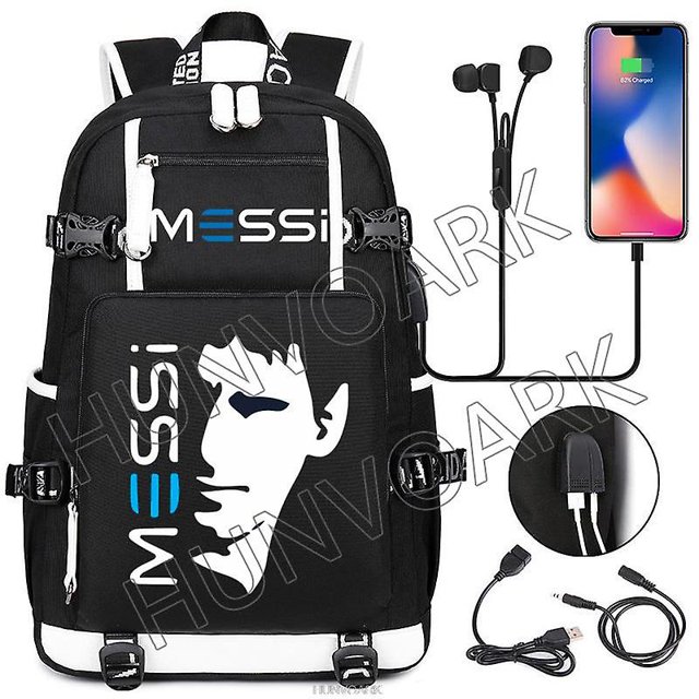 Mochila Messi de fútbol con capacidad de viaje, mochilas escolares con carga Usb negras, mochilas escolares impermeables para ordenador portátil de 15,6 pulgadas