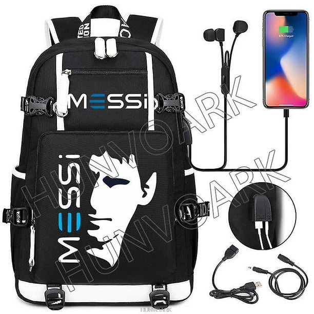 Mochila Messi de fútbol con capacidad de viaje, mochilas escolares con carga Usb negras, mochilas escolares impermeables para ordenador portátil de 15,6 pulgadas