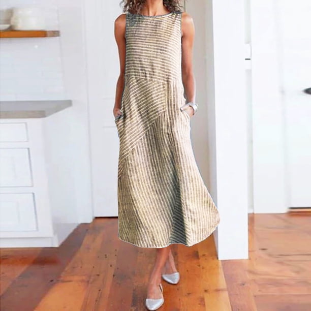 WILLBEST Vestidos Casuales para Mujer Fiesta Vestido de Moda para Mujer con Estampado de Rayas y Bolsillos con Cremallera Vestido Ajustado sin Mangas con Cuello Redondo Grande