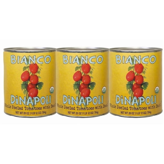 Bianco DiNapoli Organic Whole Peeled Canned Tomatoes in Puree, 28 Oz (Pack of 3), Vine Ripened California Grown, with Basil, Perfect for Soups, Sauces, Pasta and More