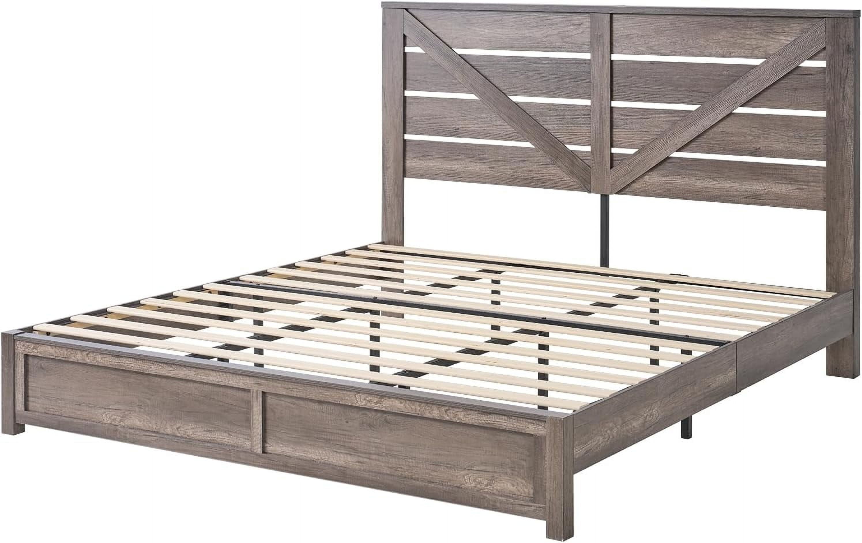 LUXOAK King Size Farmhouse Bed Frame with Rustic Barn Door, Storage Space and Wood Slats, Grey