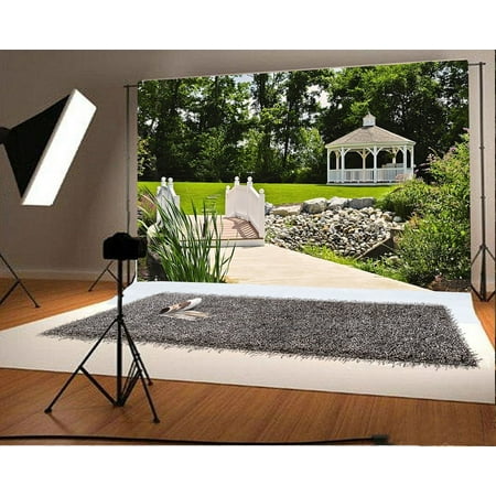 MOHome Polyster Garden Pavilion Backdrop 7x5ft Photography Background Low Bridge Stones Grass Land Flowers Green Trees Leisure Party Nature Landscape Photos Video Studio (Best Camera For Low Light Photos)