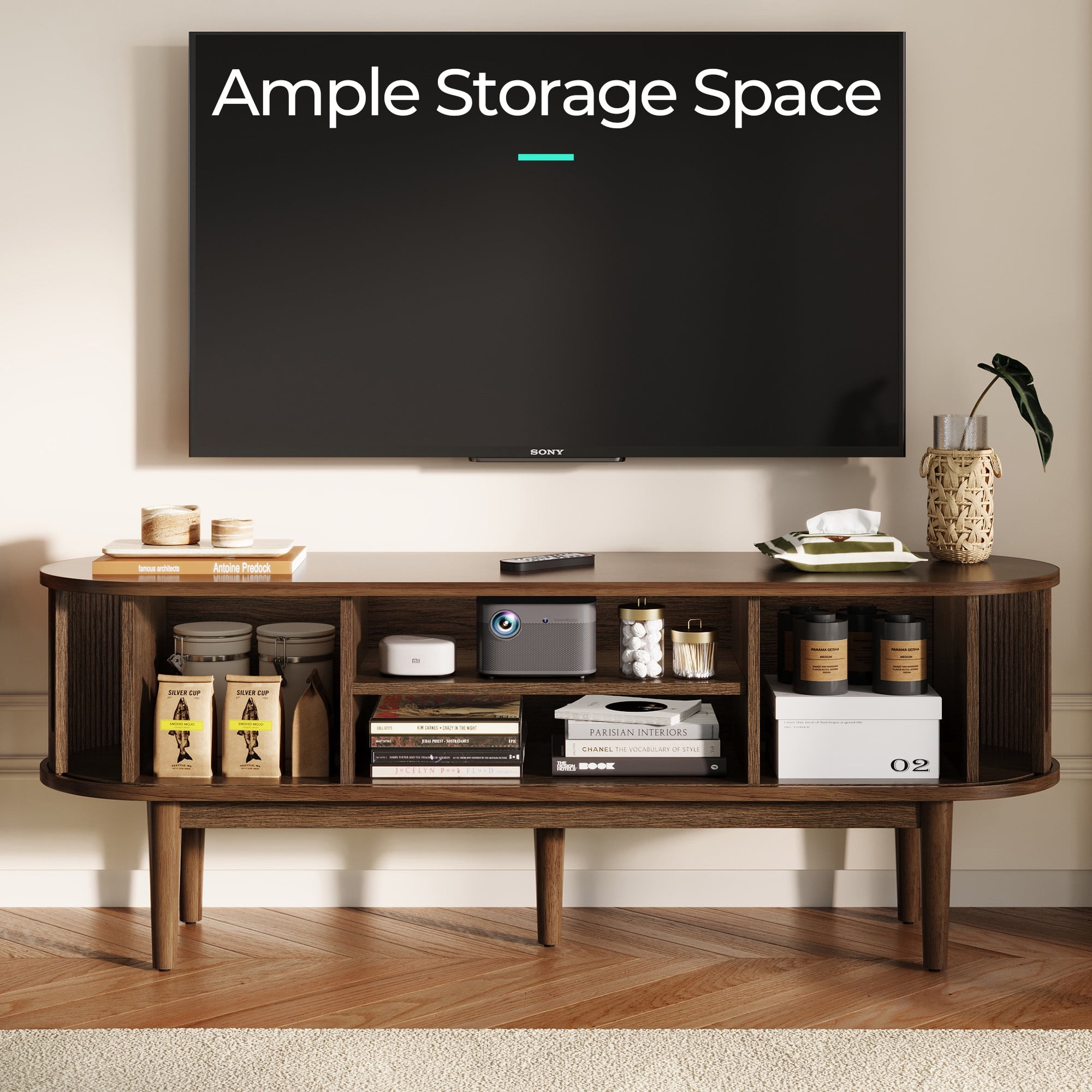 LINSY HOME Fluted TV Stand for TVs up to 65", Mid-Century Home Entertainment Center with Sliding Tambour Door and Adjustable Shelves, Walnut