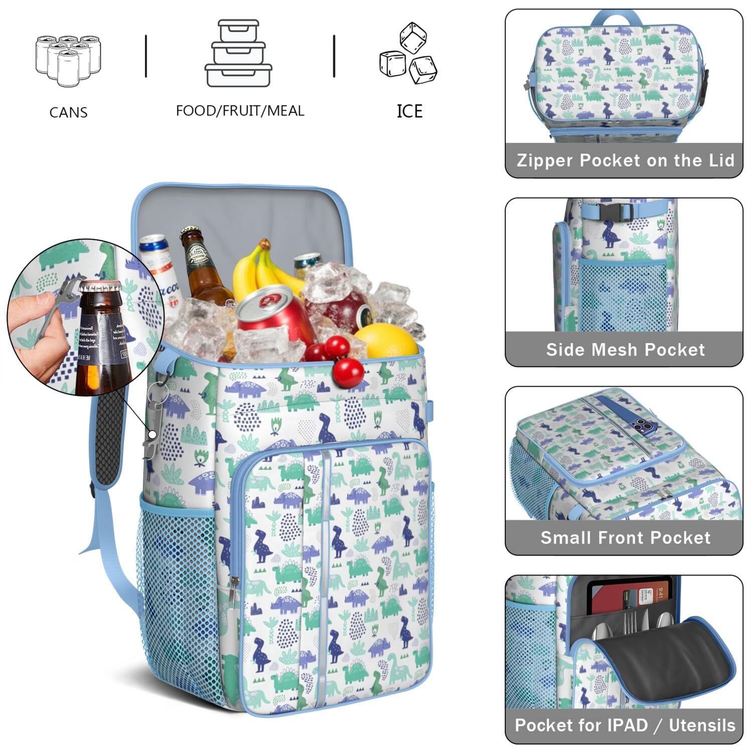 Travel Cooler Bag - Blue Green Dinosaurs Geometric Pattern Camping Beer Cooler Backpack with Bottle Opener- Waterproof Insulated Picnic Backpacks - Cooler Bag for Beach