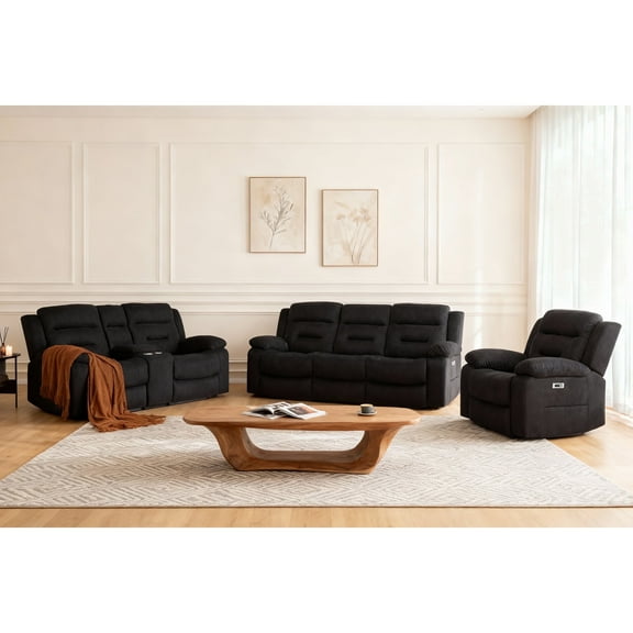 3-Piece Fabric Manual Reclining Living Room Sofa Set with Center Console and Comfortable Cushions, Small Modern Loveseat and Sofa