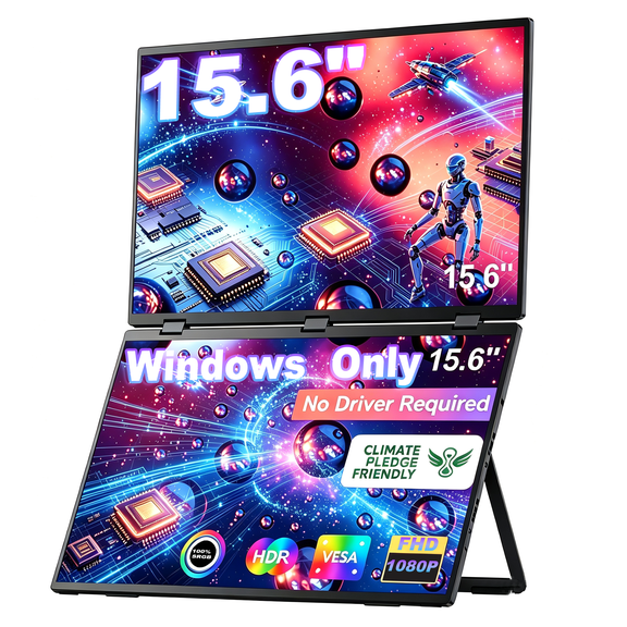15.6" Portable Monitor Dual Stacked Screen Monitor for Laptop Screen Extender,FHD 1080P IPS USB-C Triple Travel Folding Laptop Monitor Extender with Stand for Windows/PC