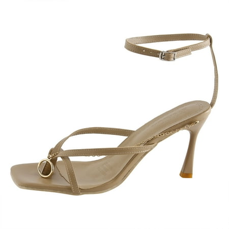 

Womens Sandals Summer Pattern Square Toe Fashion Chain Set Toe Thin Heel Versatile Buckle Strap Sandals for Women Beige Size 9