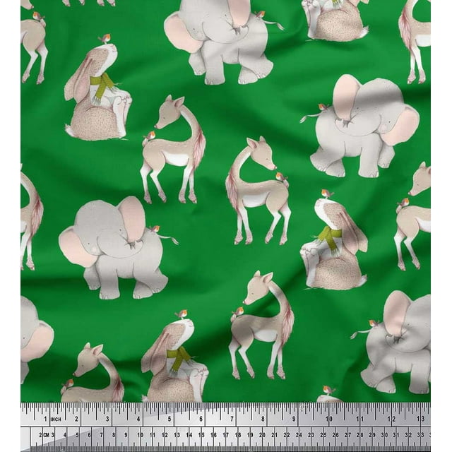 Soimoi Satin Silk Fabric Deer,Elephant & Rabbit Kids Fabric Prints By Yard 42 Inch Wide