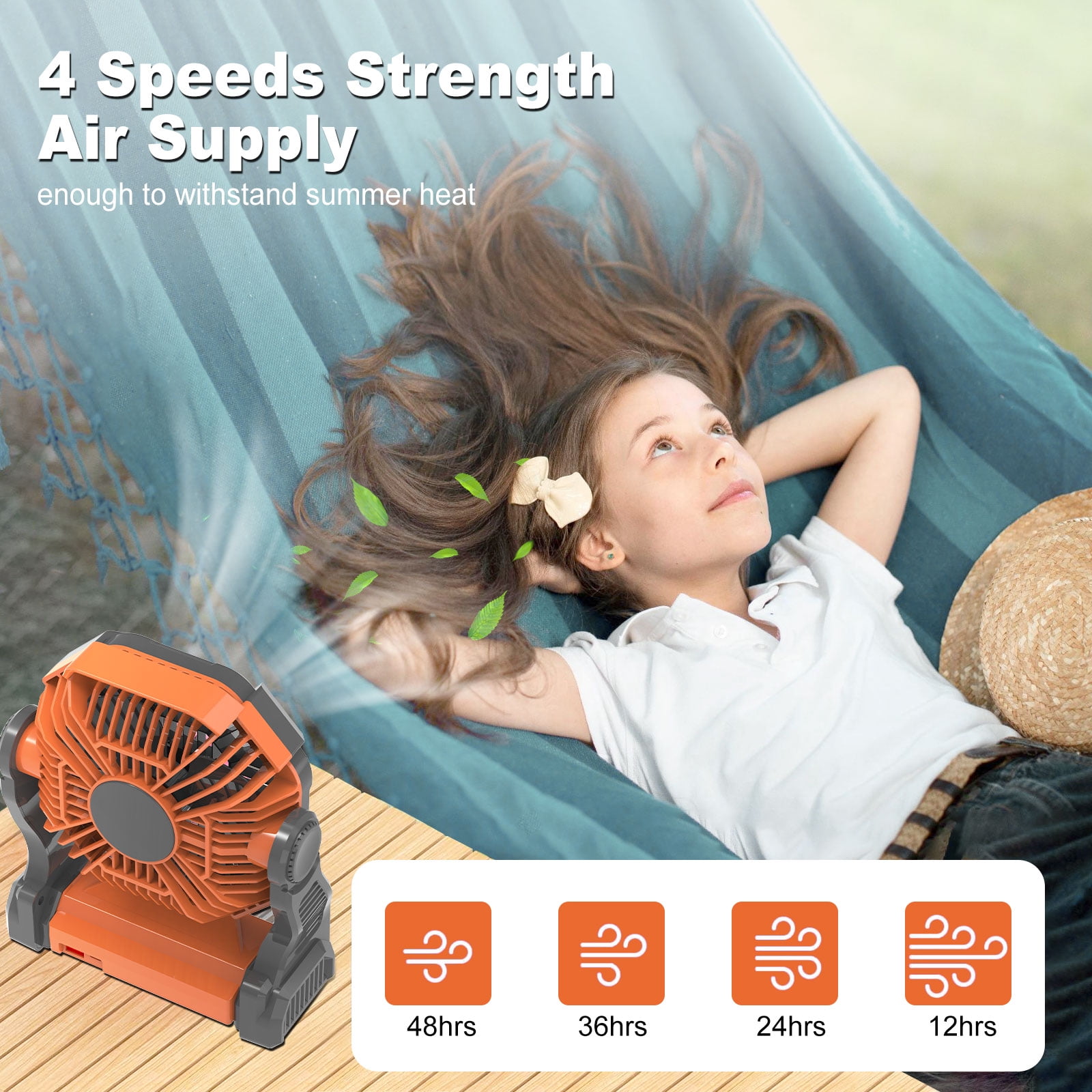 GVDV Camping Fan with LED Lantern, Portable Battery Operated Outdoor Fan, Personal Rechargeable Desk Fan for Travel, Hiking, Fishing, Picnic, Orange