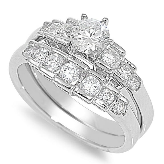 Set of 2 Bridal Round Center Cubic Zirconia Ring Sterling Silver 925