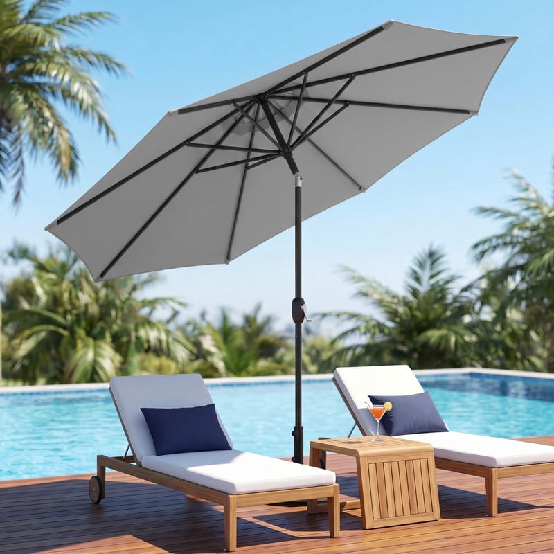 Lacoo 9' Outdoor Patio Umbrella, Market Table Umbrella with Push Button Tilt, 8 Heavy-Duty Steel Ribs & Wind Vents, Gray