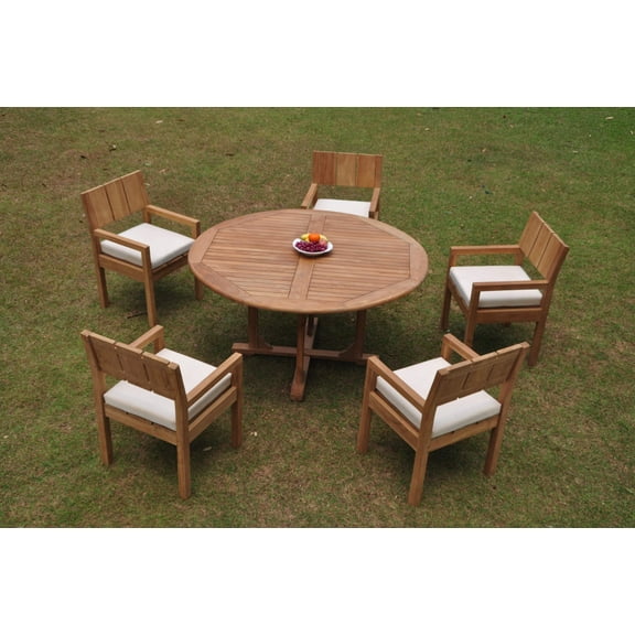 Grade-A Teak Dining Set: 5 Seater 6 Pc: 60" Round Table And 5 Veranda Arm Chairs Outdoor Patio WholesaleTeak #WMVRm