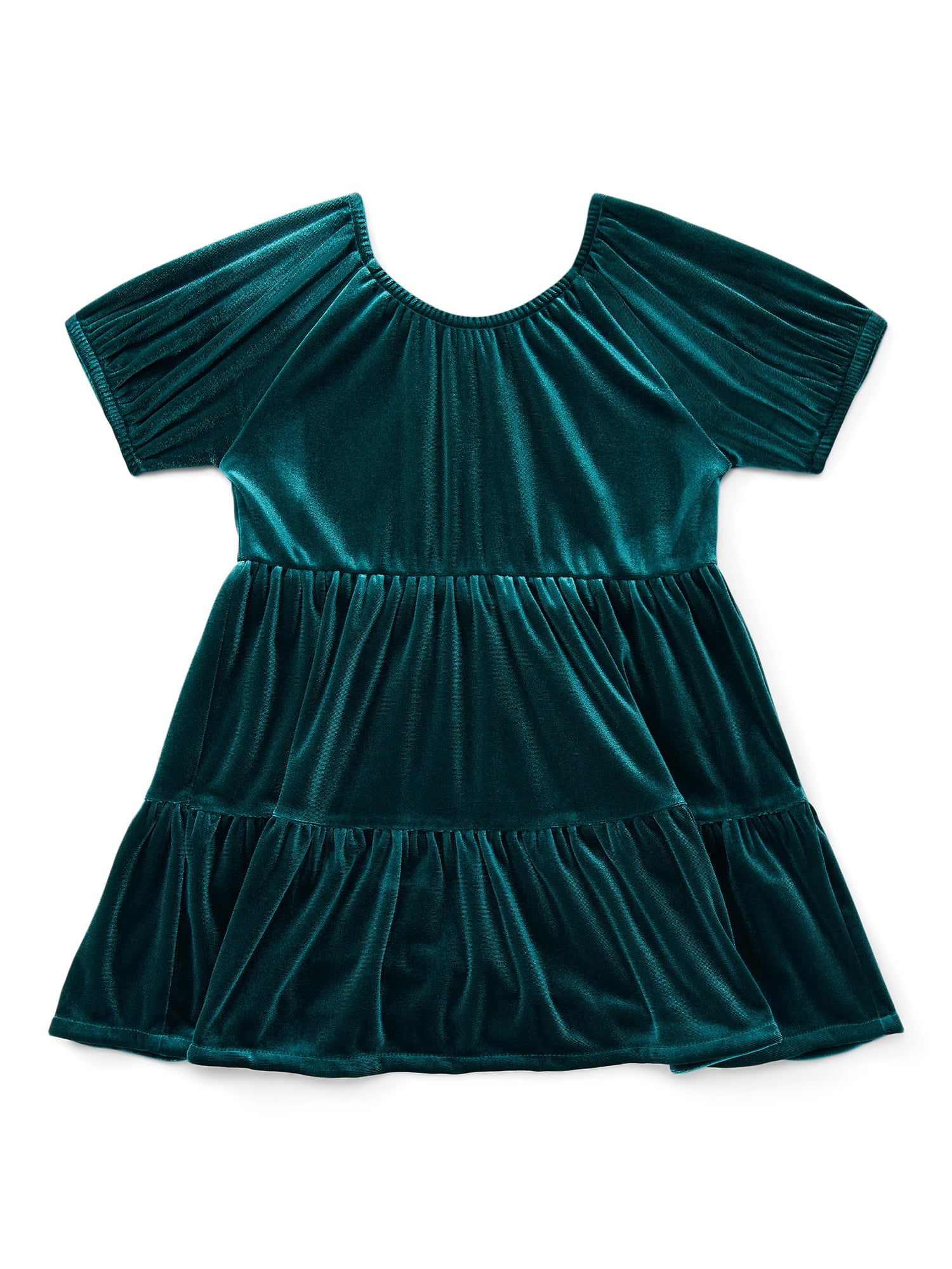 Wonder Nation Toddler Girls Tiered Velvet Dress with Puff Sleeves, Sizes 12M-5T