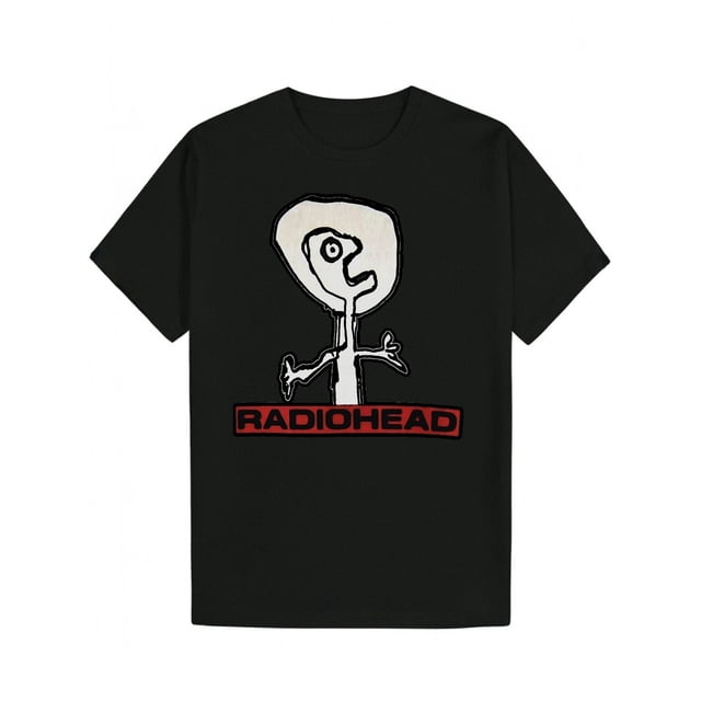 Men's Radiohead Graphic Black T-Shirt - Funny Vintage-Inspired Design with Abstract Character & "RADIOHEAD" Print, Casual Polyester Crew Neck Tee, Summer Short Sleeve, Vintage Humorous Men's Fashion