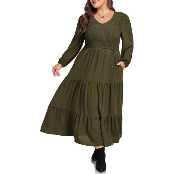 Women Plus Size Fall Dresses Long Sleeve V Neck Dress Maxi Casual Flowy Tiered 2026 Dress with Pockets