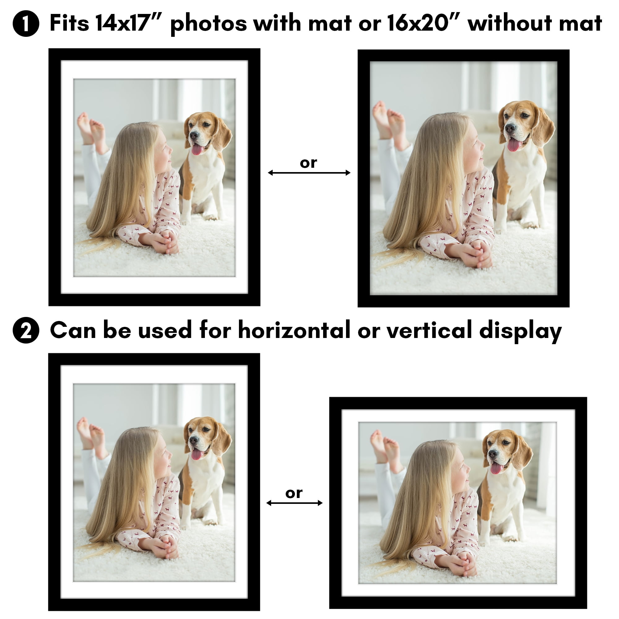 Americanflat 16x20 Picture Frame with Polished Plexiglass with 14x17 Mat Display Photo Epic Collection - Black