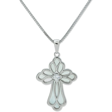 Connections From Hallmark Stainless Steel Mother of Pearl Cross with Crystal Pendant with Chain