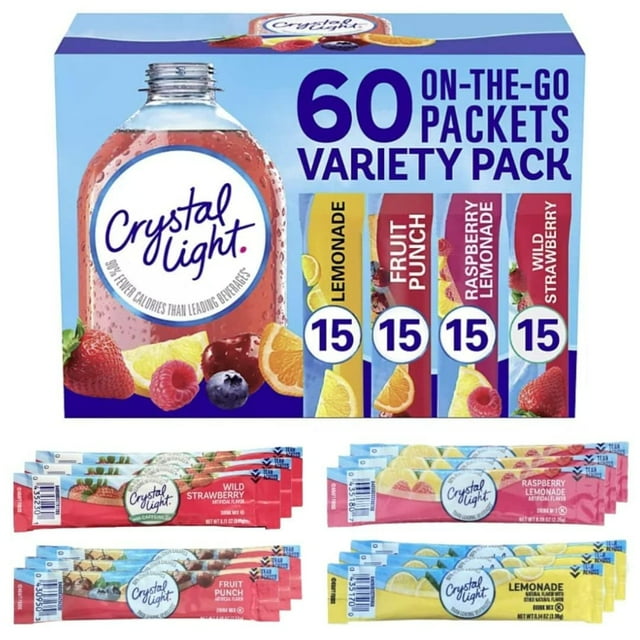 Crystal Light Sugar-Free, Lemonade, Fruit Punch, Raspberry Lemonade and Wild Strawberry On-The-Go Powdered Drink Singles Mix Variety Pack, 60 Count, Each Packet Dissolves into any 16.9 oz. by WLYFFF