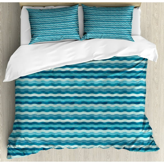Abstract Duvet Cover Set King Size, Ocean Themed Wave Design Marine Artwork Aquatic Color Palette Horizontal Lines, Decorative 3 Piece Bedding Set with 2 Pillow Shams, Teal Turquoise, by Ambesonne