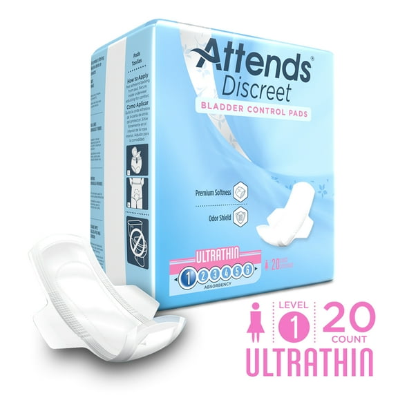 Attends Discreet Women's Ultra Thin Bladder Control Pads, 9" long, Adult Incontinence Care (20 Pads)