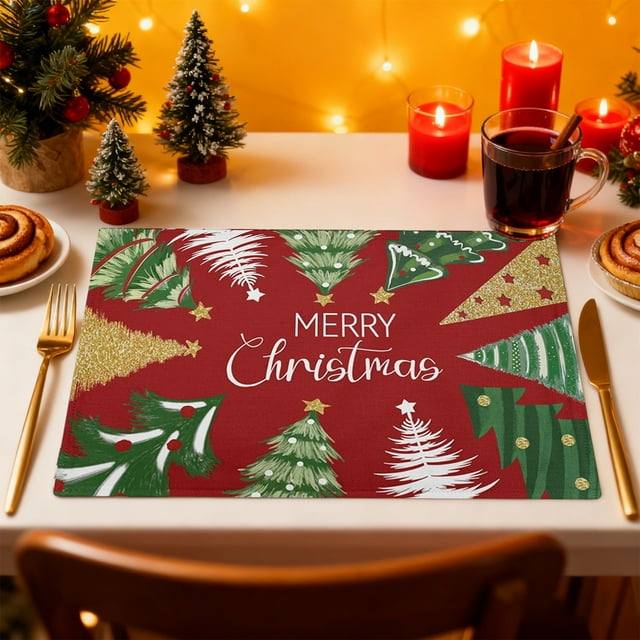 Christmas Linen Placemats Living Room Dining Room Table Mats Outdoor Party Holiday Decoration Placemats Christmas Tree Printed Placemats Holiday Decorations