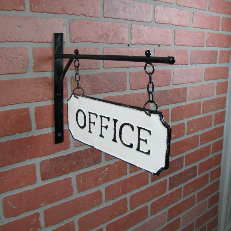 Rustic White Enamel Dual Hanging Office Flange Sign Vintage Embossed Wall Decor Rustic White Enamel Dual Hanging Office Flange Sign Vintage Embossed Wall Decor