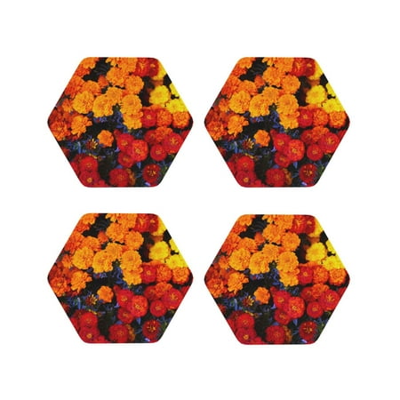 

Lukts Marigold Flowers In Different Colors Print Leather Drinks Coasters Set of 4 Suitable or Drinks Furniture Protection and Easy Clean up-Hexagon