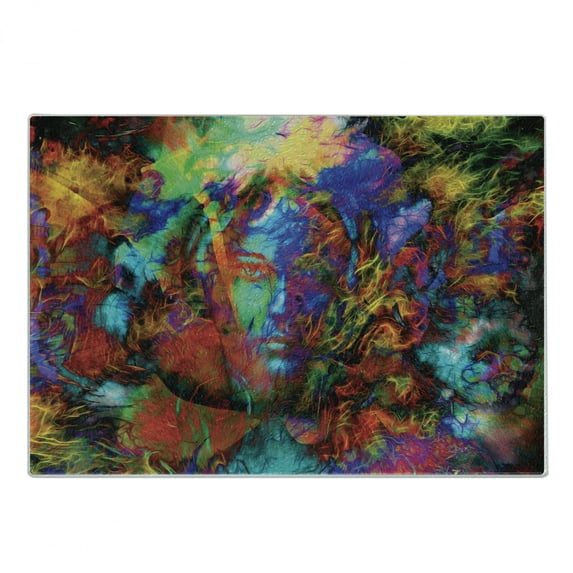 Occult Cutting Board, Mysterious Woman Face with Butterflies and Vision Perspective Art, Decorative Tempered Glass Cutting and Serving Board, Small Size, Multicolor, by Ambesonne