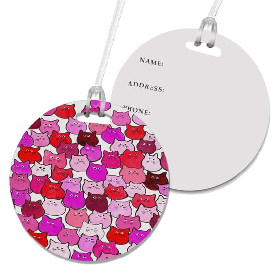 KuzmarK Luggage Travel Round Bag Tag - Very Hot Pink and Orange Chubby Kitties Art by Denise Every