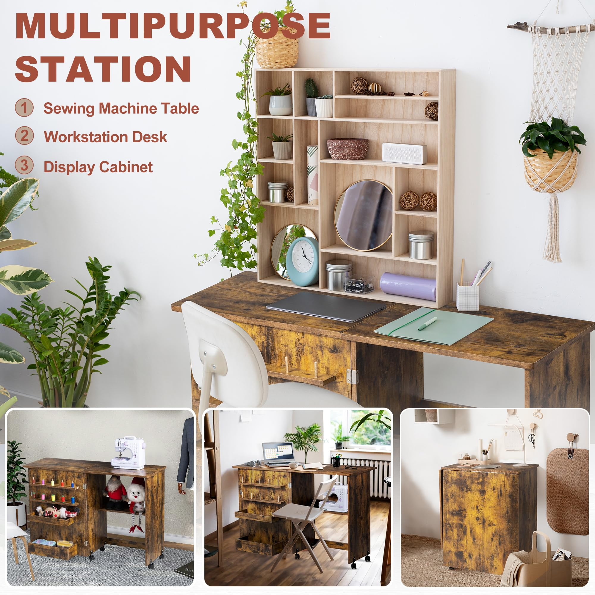 Vividwood Folding Sewing Table, Multipurpose Sewing Machine Table with Compact Design, Wheels, Shelves, Bins, Pegs, Magnetic Locks (Rustic-Brown)