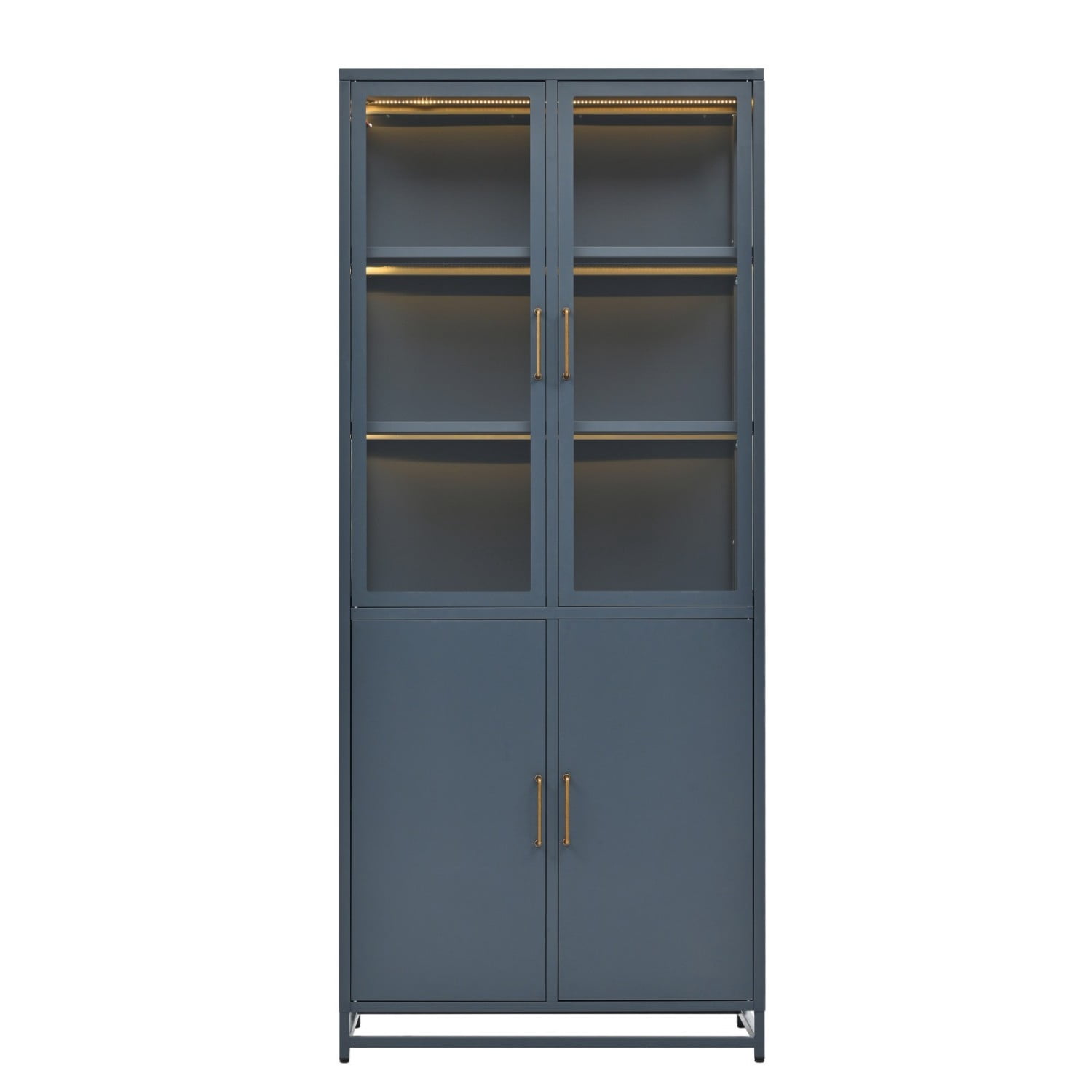 76.75" Tall Glass Display Cabinet with LED Lights, Steel Curio Cabinet with 3-Sided Glass, Double Door Storage Cabinet for Kitchen Living Room Office Pantry Home Decor, Dark Blue