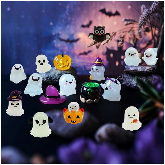 16 pcs Luminous Resin Mini Ghost Figurines, Glow in The Dark Tiny Plastic Ghosts Miniature Halloween Figures to Hide