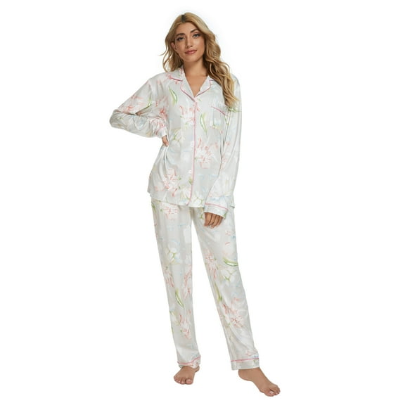 MintLimit Women's Floral Pajamas Set Button-Down Long Sleeve V-neck Shirt and Pants with Pocket Soft Nightwear 2 Piece Sleepwear