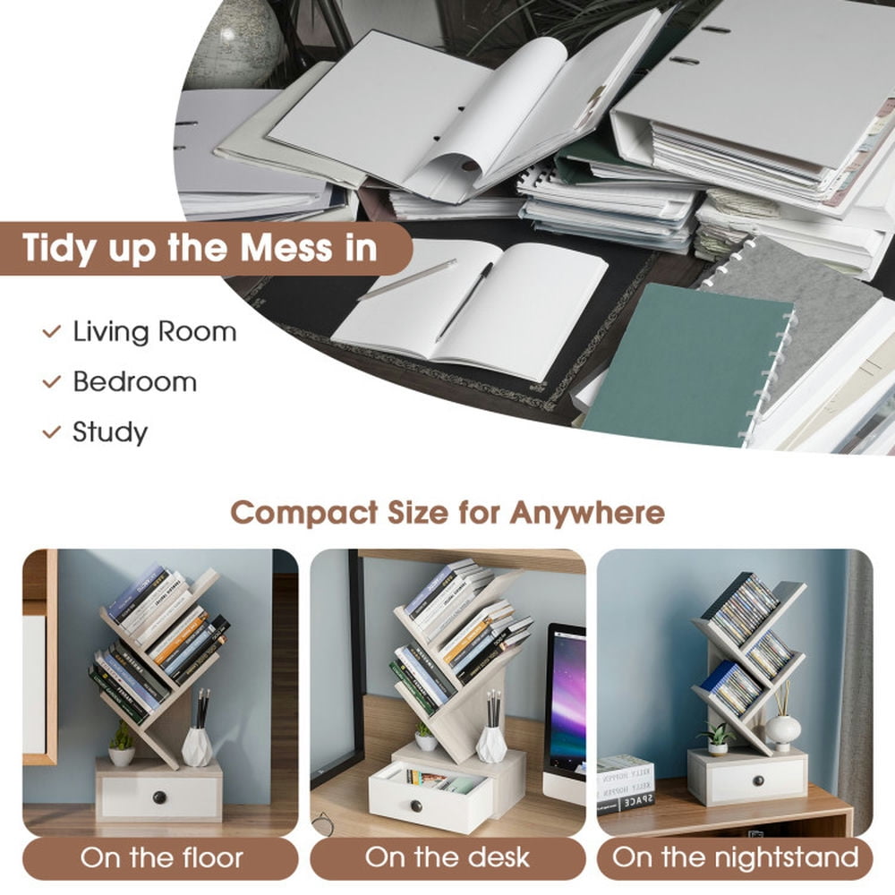 Demi Bonn 5-Tier Floor Standing Tree Bookcase with Drawer, Space-Saving Bookshelf, Beige