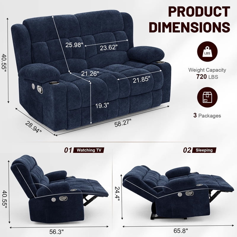 ODUMDUM Loveseat Recliner Sofa, Fabric Manual Pull Tab Reclining Loveseat with USB Charge Ports, Cup Holders, Recliner Love Seat Couches for Living Room, RV, Blue