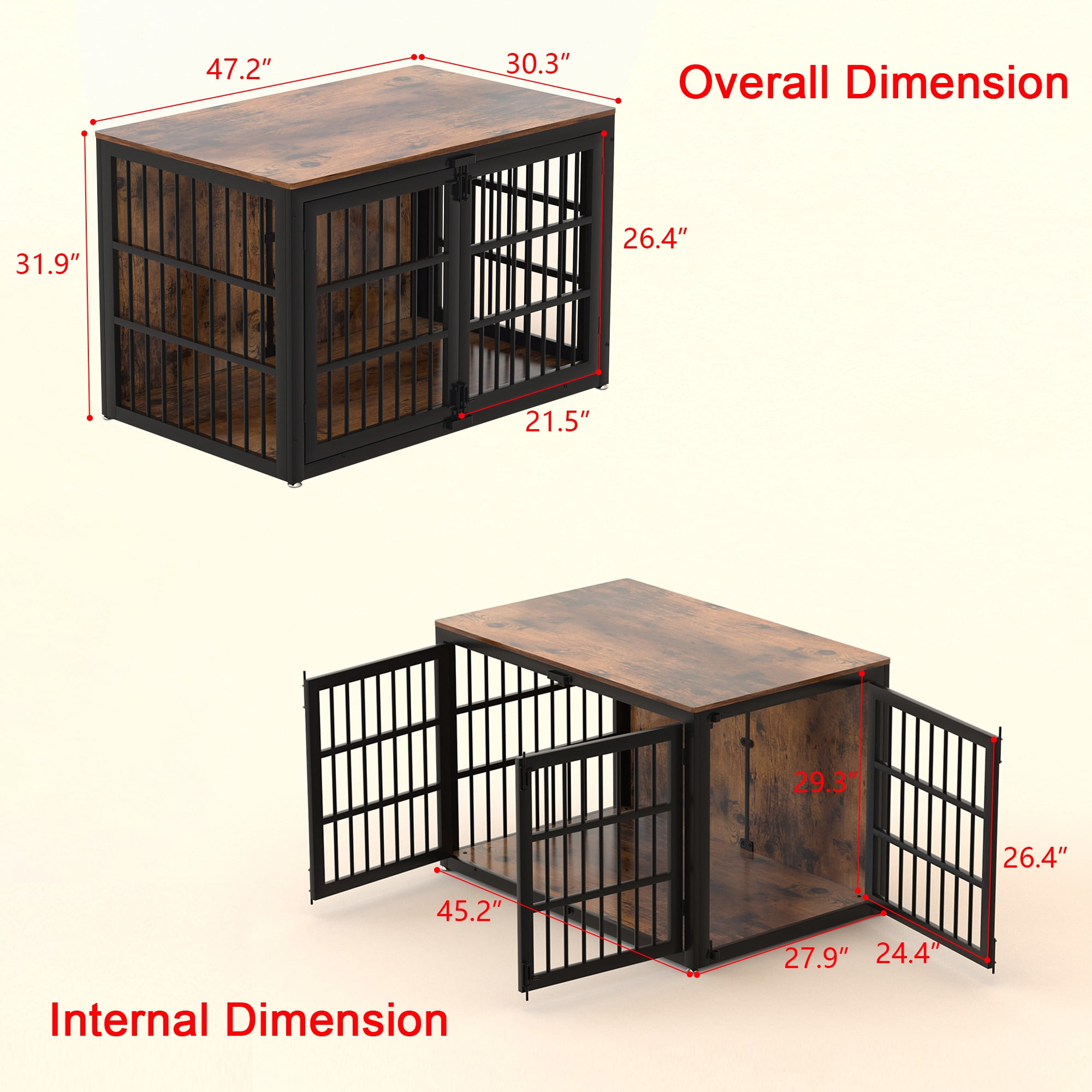 47'' Heavy Duty Dog Crate Furniture with 3 Doors,Wooden Side End Table Indoor Combination Dog Cage For Small to Medium Dog Extra-Large