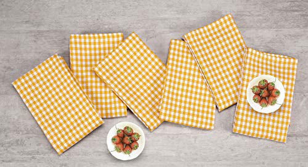 Native Fab 12 Pack Gingham Farmhouse Kitchen Dish Towels Cotton Absorbent Durable Washable 15x25 - Tea Towels, Dish Cloths, Restaurant Cleaning Towels, Kitchen Towels with Hanging Loop, Yellow White