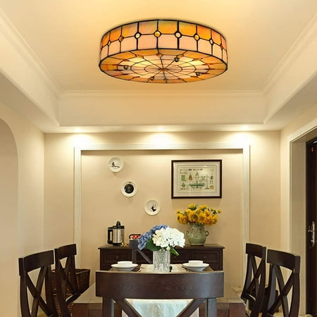 

AFANQI 16 Round Ceiling Lamp 3 Light Tiffany Glass Retro Ceiling Light Fixture for Living Room