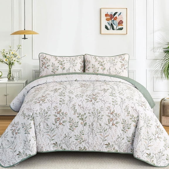 3 Pieces Botanical Green Floral Pattern Bedspread Queen Size Quilt Bedding Set Bed Coverlet for All Season