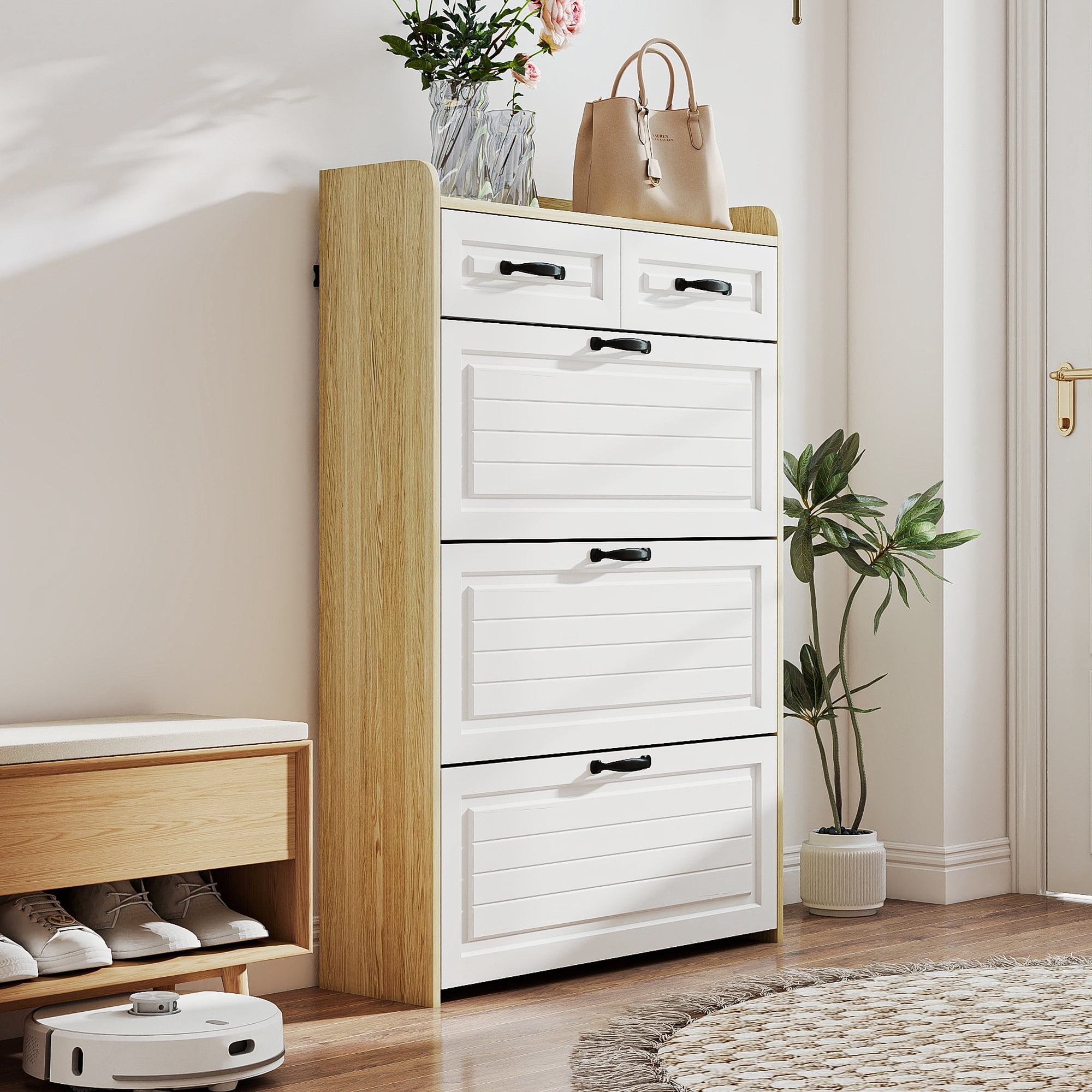 Kadyn Shoe Rack with 3 Doors, Shoe Organizer, White & Oak Shoe Cabinet with 2 Drawers, Shoe Storage Cabinet for Living Room, Hallway, Entryway