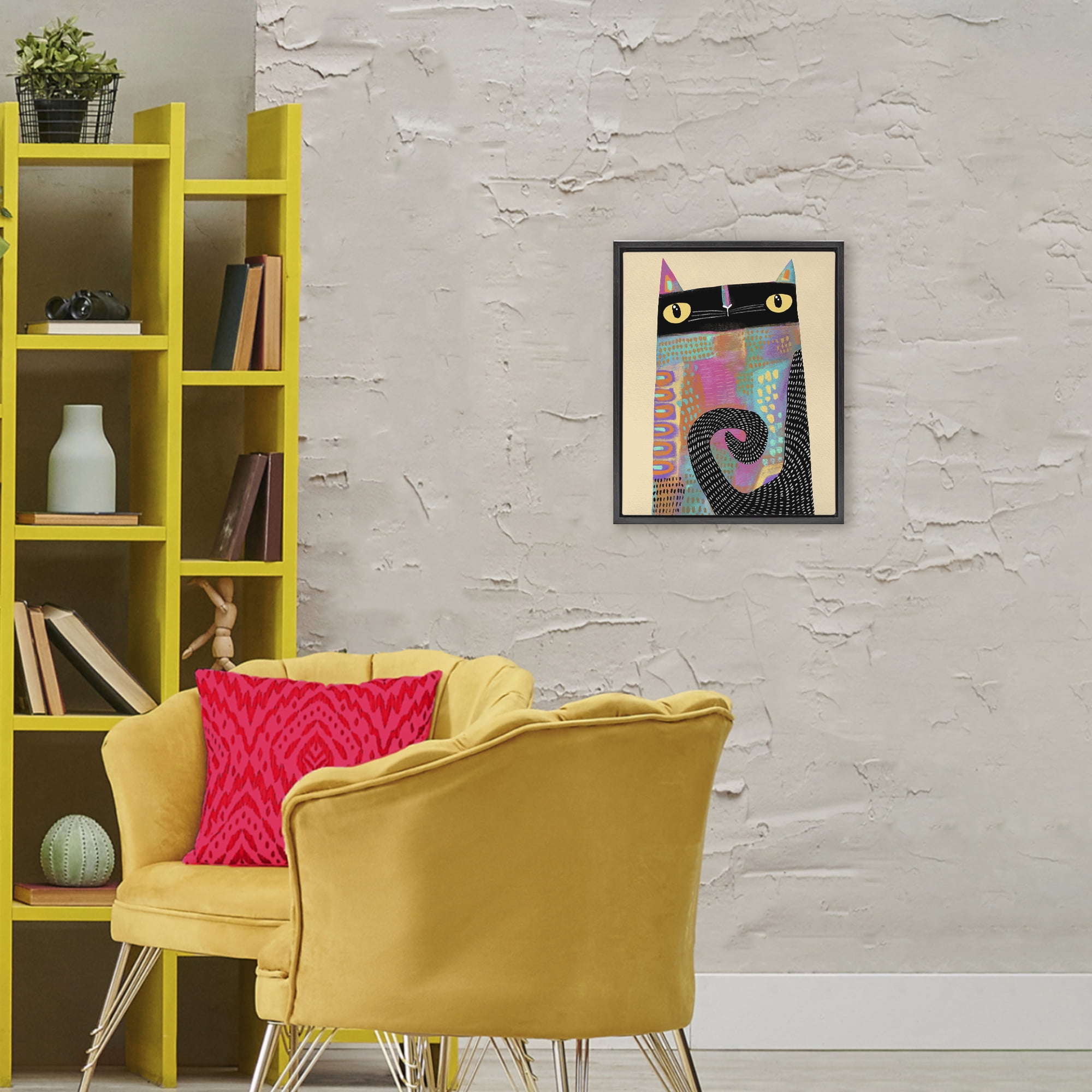 Stupell Industries Stylized Colorful Cat Black Framed Floater Canvas Wall Art, design by Gabriela Avila