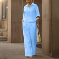 thumbnail image 6 of hoksml Women's 2 Piece Outfit Collared Neck Short Sleeve Top and Wide Leg Pants Cotton Linen Blend Casual Set, 6 of 8