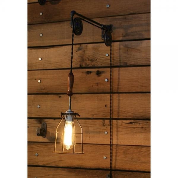 Pulley Wall Mount With Industrial Wooden Handle Cage Light And