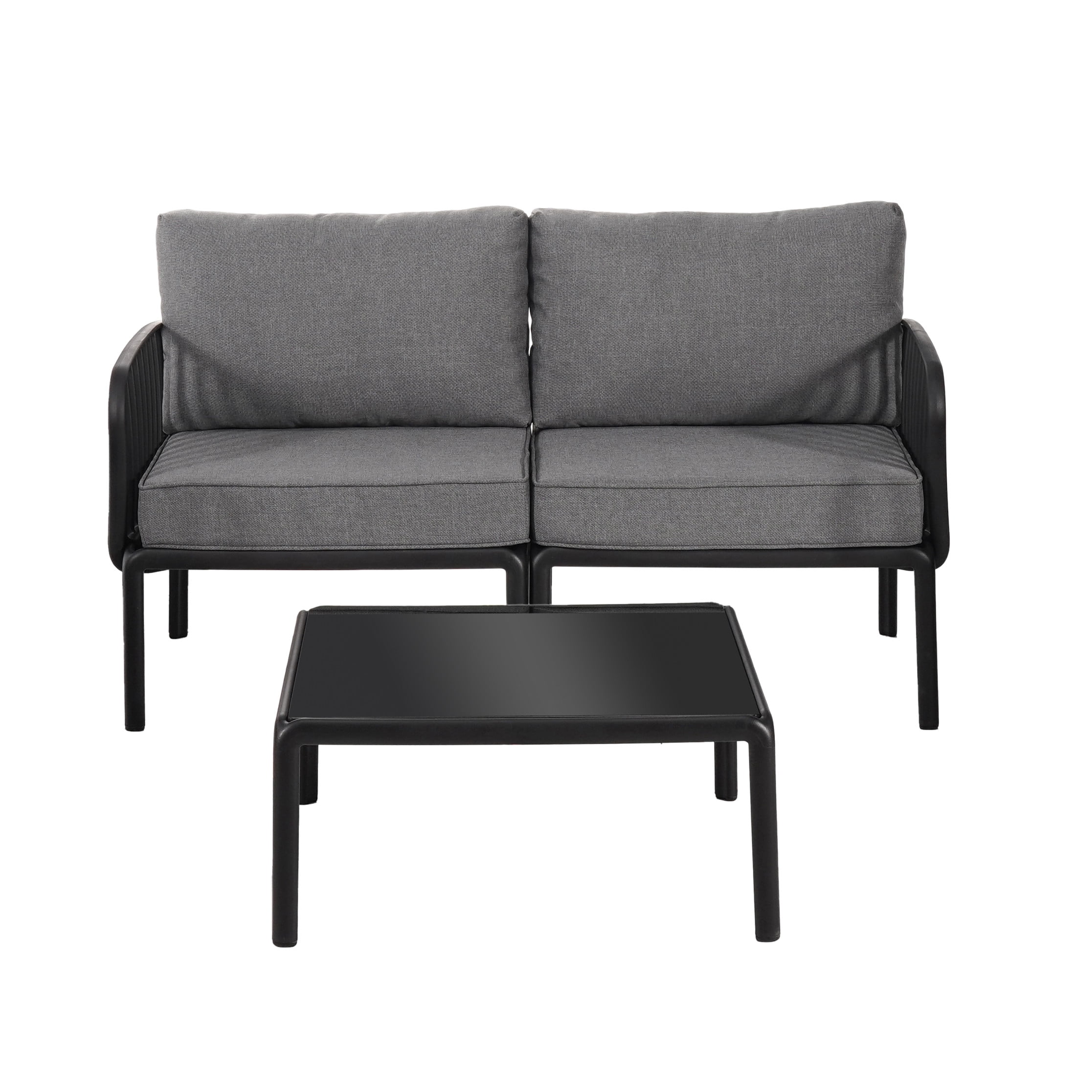 Orion Modern Outdoor Patio Chat Set, 59" Loveseat and Square Coffee Table, Waterproof Cushion, Black+Dark Gray