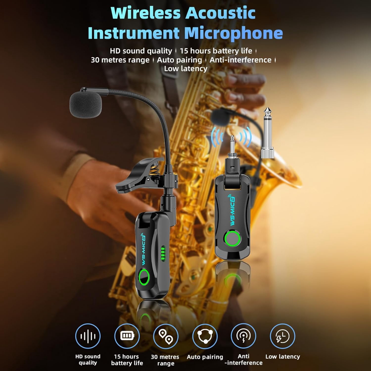 Wireless Saxophone Microphone System, Clip on Instrument Microphone, 2.4G Wireless Instrument Transmitter Receiver, 360° Adjustable Mic, Unidirectional Pickup, 100ft Range for Saxophone Trumpet, Blac